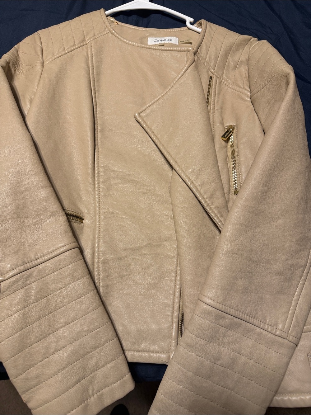 Calvin Klein Women's Cream Leather Moto Jacket with Quilted Sleeves